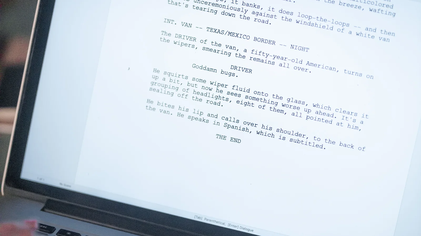 Writer typing a document on a laptop while checking word count