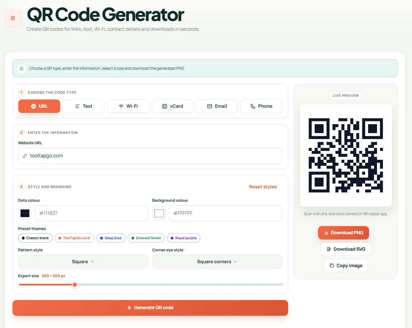 ToolTapGo QR Code Generator showing a completed example for How to create QR codes that scan reliably