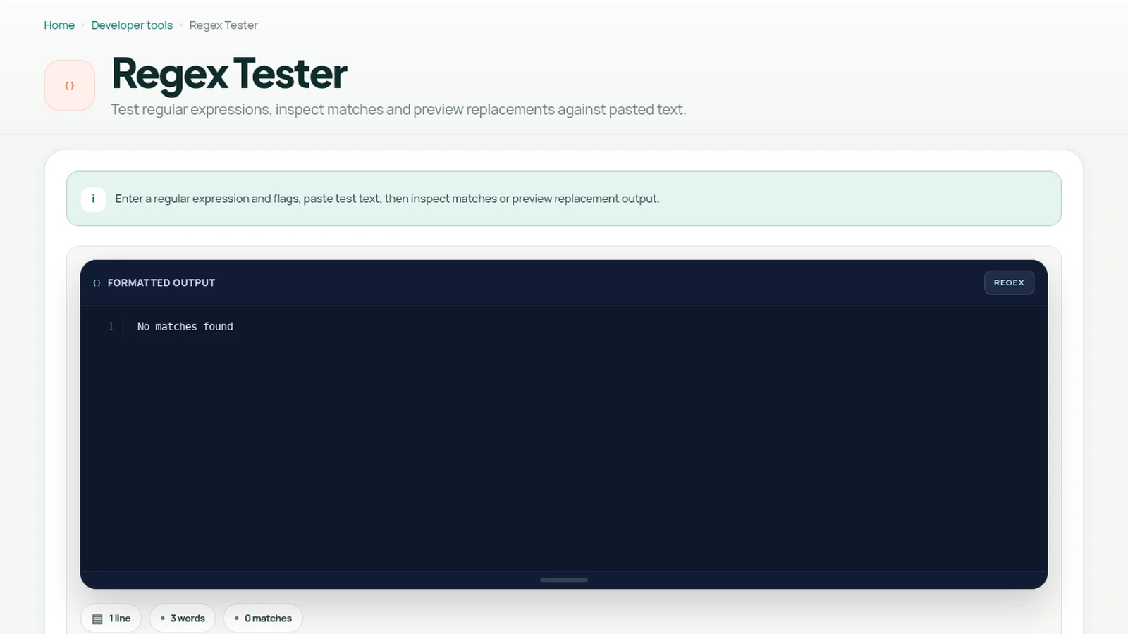 ToolTapGo Regex Tester showing a completed example for Regex Testing Guide for Beginners