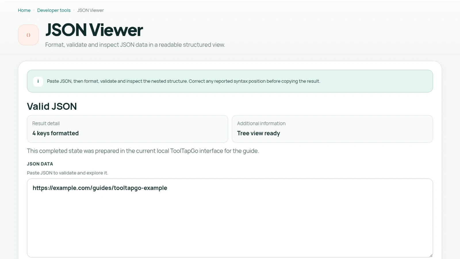 ToolTapGo JSON Viewer showing a completed example for How to Validate and Format JSON