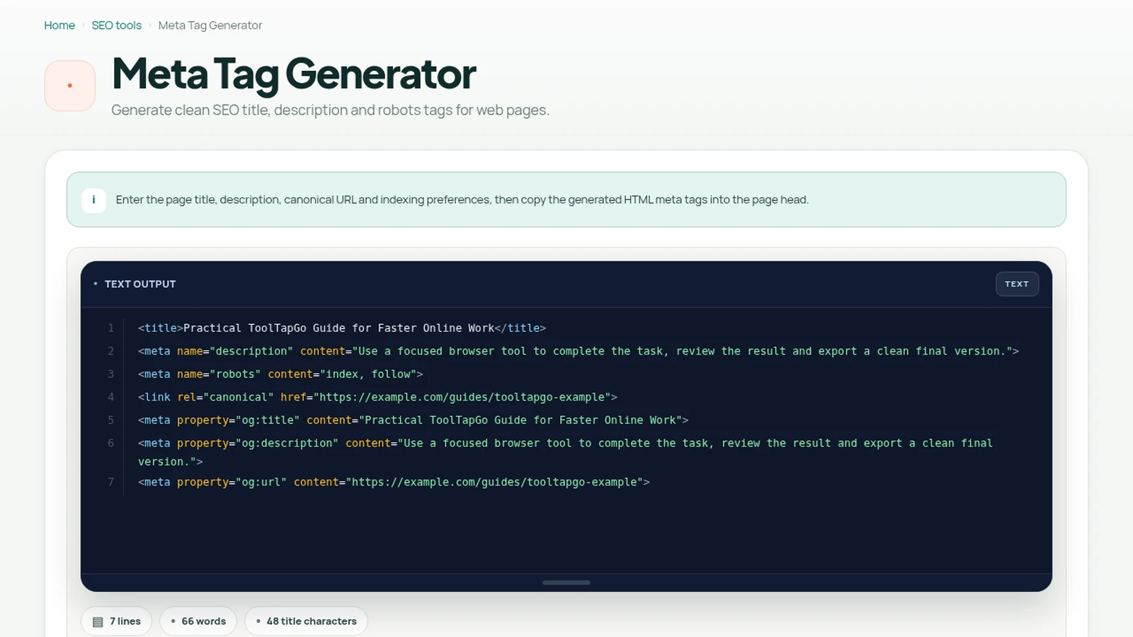 ToolTapGo Meta Tag Generator showing a completed example for How to write an effective meta title
