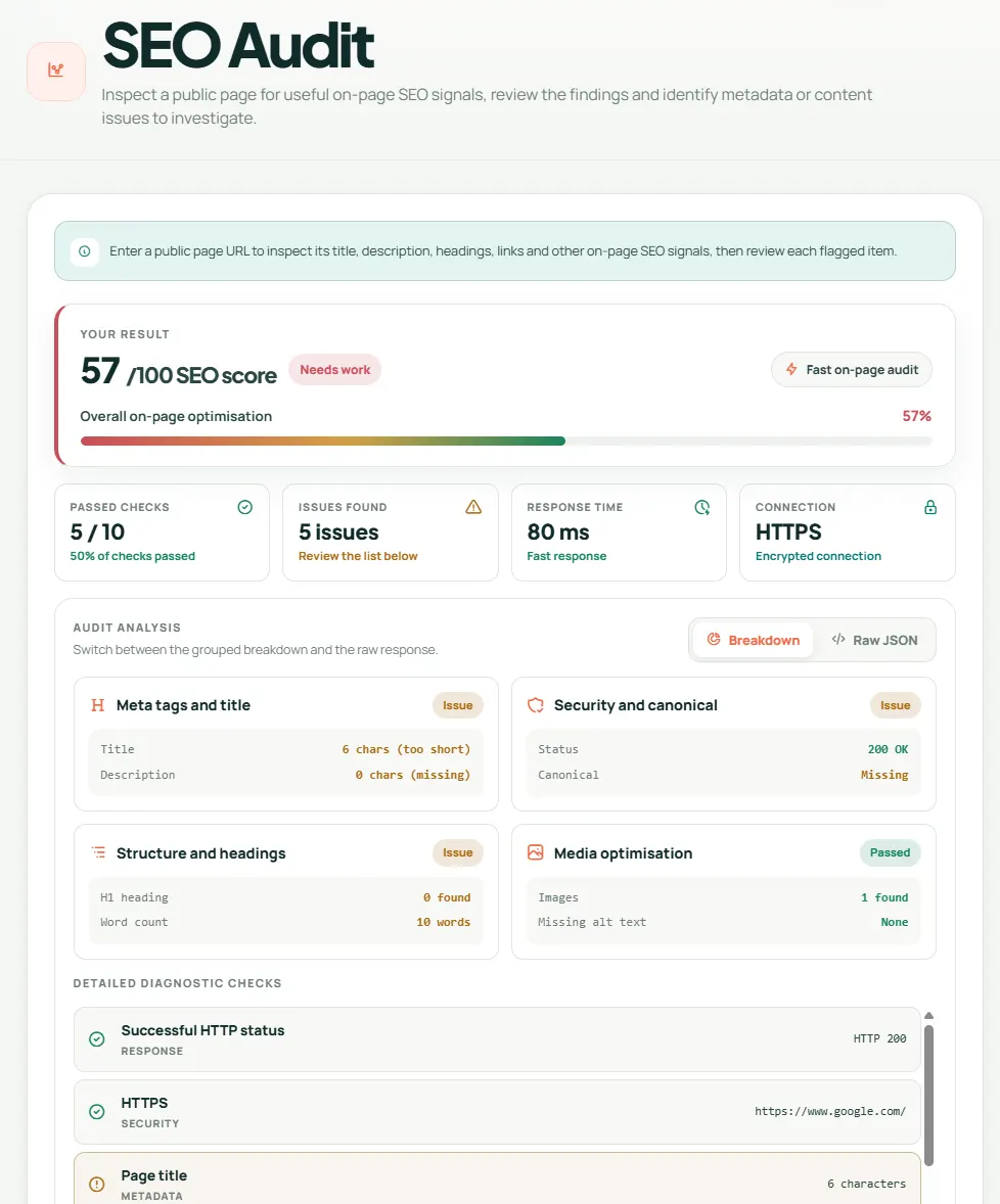 ToolTapGo Website SEO Audit showing a completed example for How to Audit a Page's On-Page SEO