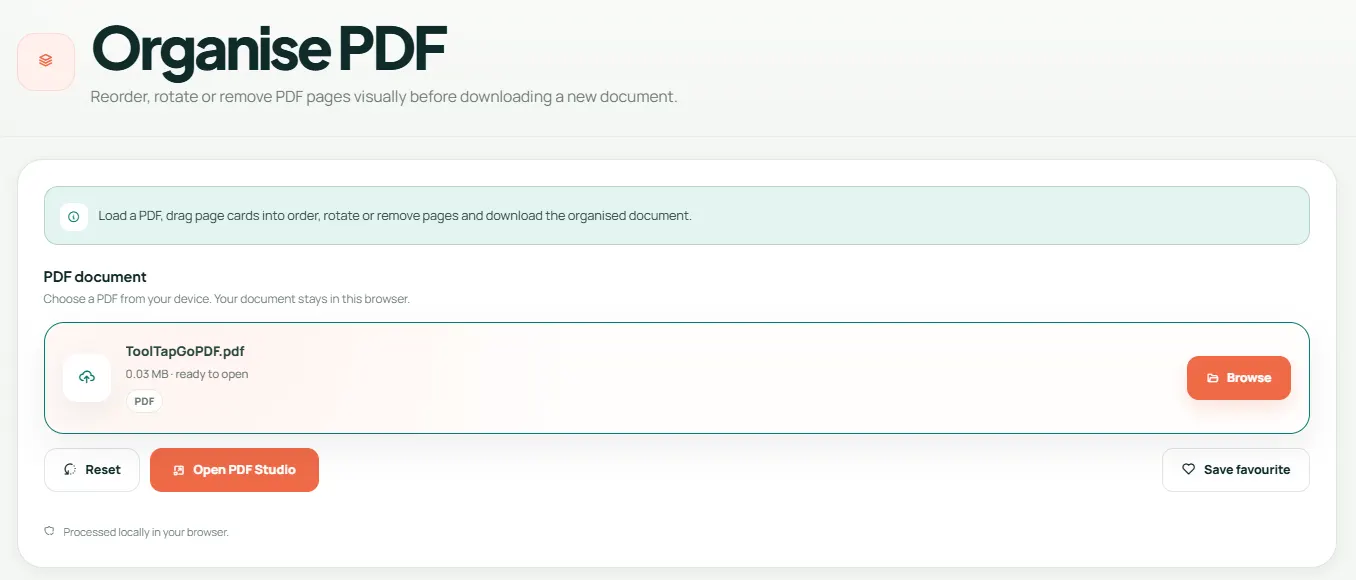 ToolTapGo Organise PDF showing a completed example for How to organise and rotate PDF pages