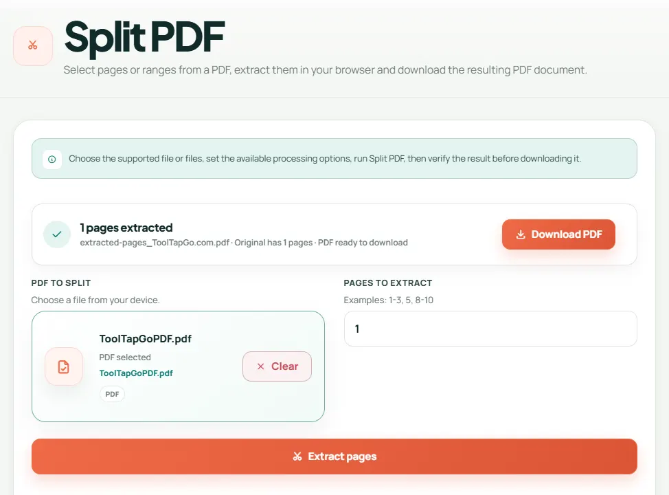 ToolTapGo Split PDF showing a completed example for How to split a PDF by page range