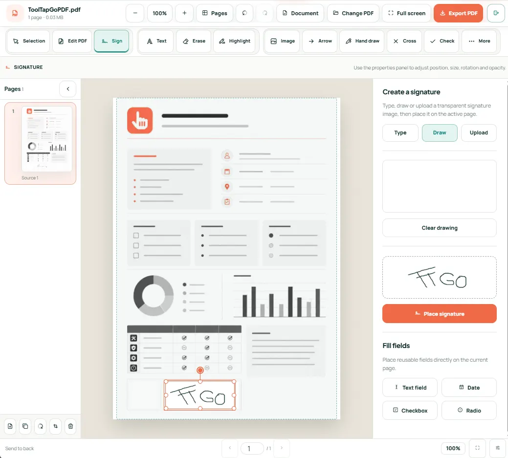 ToolTapGo PDF Editor showing a completed example for How to fill and sign a PDF online