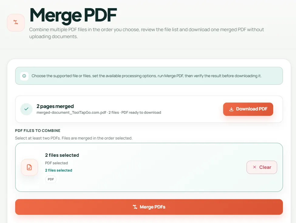 ToolTapGo Merge PDF showing a completed example for How to merge PDF files in the correct order