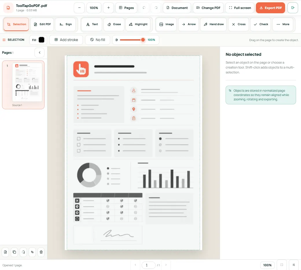 ToolTapGo PDF Editor showing a completed example for How to Choose the Right PDF Tool for the Task