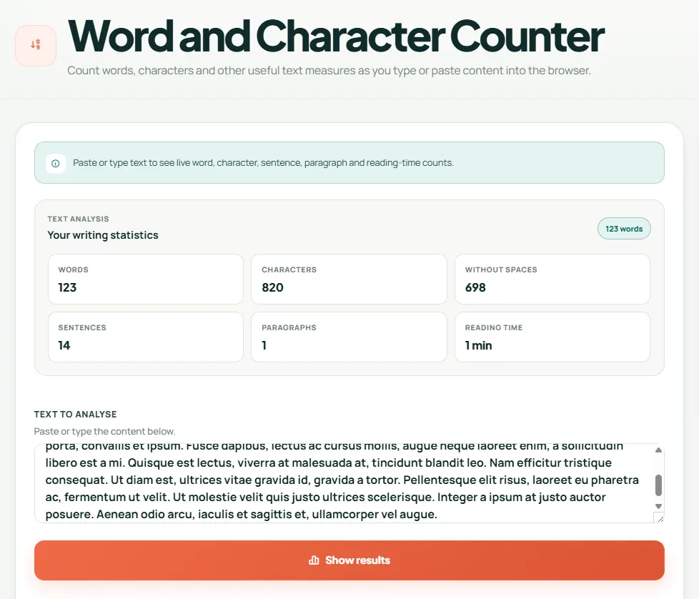 ToolTapGo Word and Character Counter showing a completed example for Word Count Tips for Blogs, Essays and Product Copy