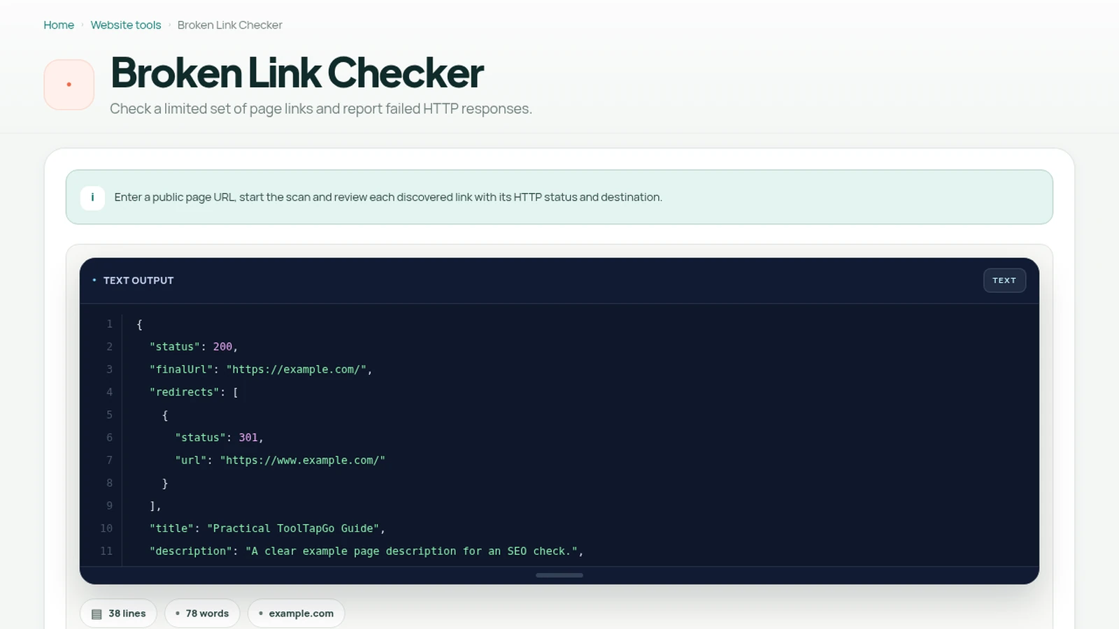 ToolTapGo Broken Link Checker showing a completed example for How to Find and Fix Broken Links