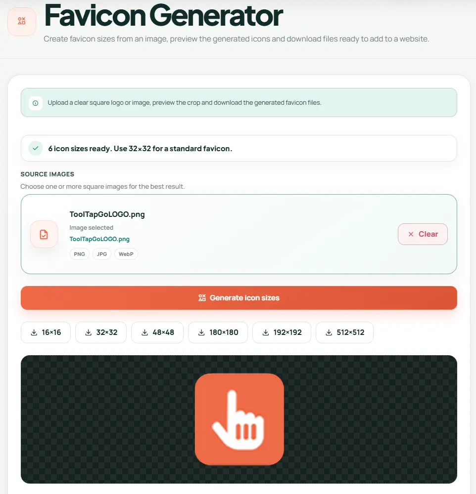 ToolTapGo Favicon Generator showing a completed example for How to Create a Favicon from One Logo